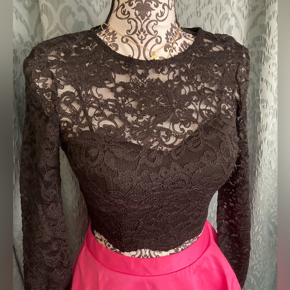 City Studio | NWT Juniors 2-PC Lace Long Sleeve Top & Satin Skirt Dress - Picture 3 of 14